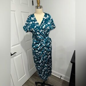 Teal Floral Wrap Midi Dress